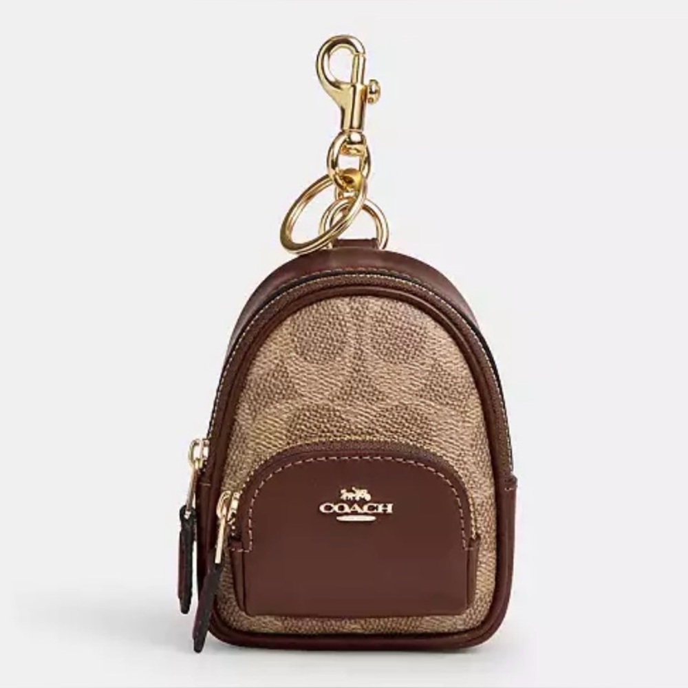 Coach Tan and Brown Mini Court Backpack Charm with Gold Accents CX066